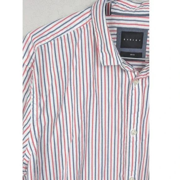 SISLEY Mens Slim Fit Red Blue Striped Button Down Long Sleeve Shirt Size 16 1/2 - Picture 1 of 8